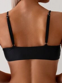 SHEIN Swim 纯色扭纹 V 领吊带比基尼套装，带细肩带，两件套比基尼套装泳衣沙滩装夏季度假夏日海滩 - 黑色 - 查看 4
