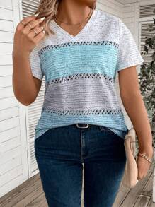 INAWLY Áo thun tay ngắn cổ chữ V màu tương phản cỡ lớn cho nữ, Áo mùa hè cho nữ - Nhiều màu - Xem 3