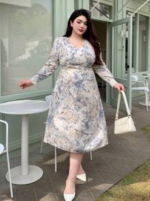 Dazy Plus Plus-size jurk met allover print en tailleband, ruches