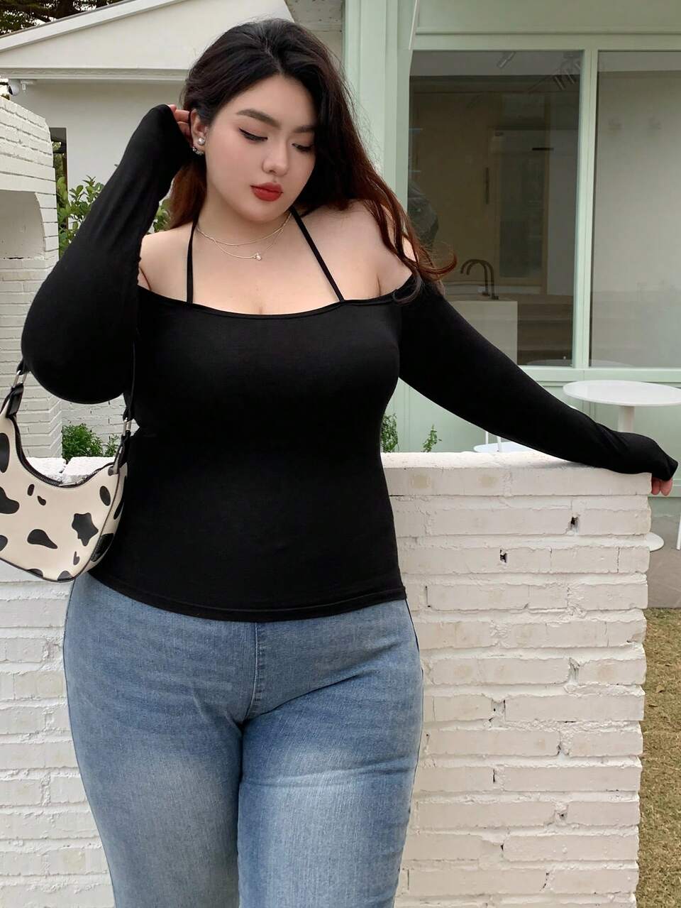 Dazy Plus Plus Size Solid Slim Fit Halter Neck T-Shirt Summer,Off Shoulder Top Long Sleeve Women Tops