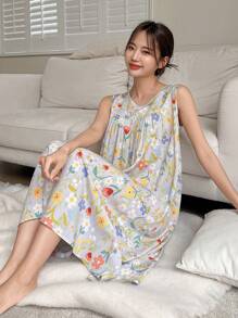 DAZY 女士花卉印花无袖睡袍睡衣，Moo Moo 睡裙 - 淺灰色 - 查看 3