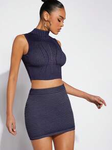 Hauture Conjunto de top corto tejido de cuello de tortuga a rayas y falda tejida