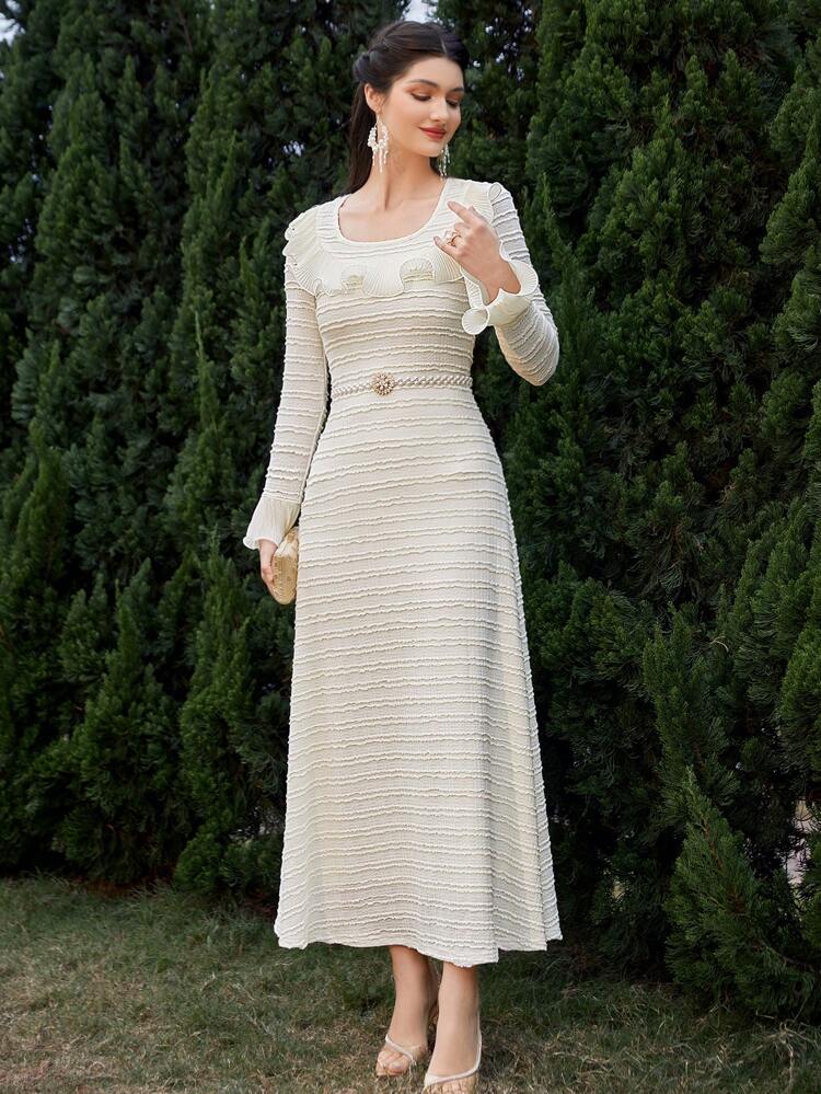 Women's Solid Color Textured Ruffle Trim A-Line Dress Long Evening Dresses