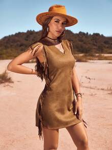 RELISH NOLESS Phụ nữ Xuân Hè Cowgirl Lễ hội Trang phục Đồng quê Hòa nhạc Ngày lễ Trang phục ngoài trời Thường ngày Gợi cảm Boho Kỳ nghỉ Váy tua rua da lộn - Lạc đà - Xem 7