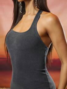 SHEIN BAE 纯色复古做旧雪花褪色挂脖紧身连衣裙春夏针织镂空无袖女装适合校园季节、日常穿着、休闲和街头装 - 黑色 - 查看 6