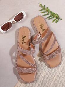 SHUZIA Dép xỏ ngón đế bằng hở ngón đính đá Rhinestone màu vàng hồng cho nữ – Lấp lánh, sang trọng và thoải mái Quà tặng thiết yếu cho ngày lễ tình nhân năm mới Giày mùa hè cho ngày lễ tình nhân - Hoa hồng vàng - Xem 4