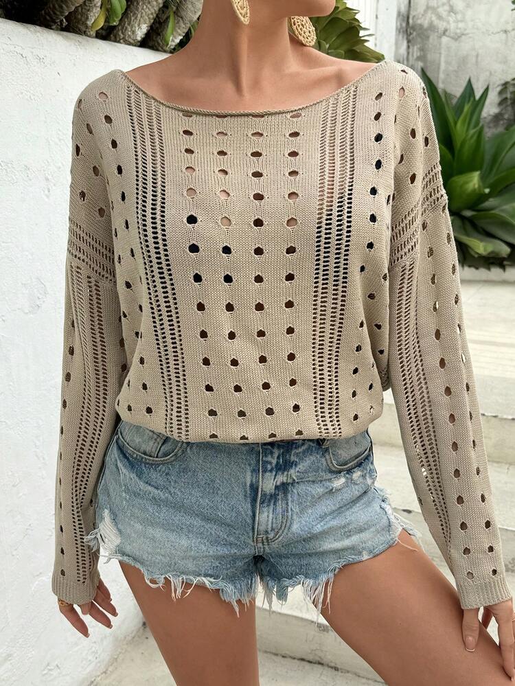 Women's Hollow Out Knitted Drop Shoulder Sweater Fall Winter