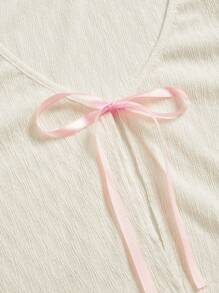 ROMWE Kawaii Ladies' Bow Tie Detail Slit Design Top With Ribbon, School - Apricot - View 3