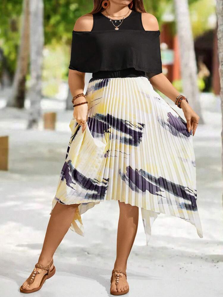 Plus Size Women's Tie-Dye Asymmetric Pleated Hem Cold-Shoulder Dress