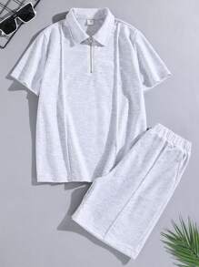 SHEIN Tween男孩鬆身休閒針織純色短袖polo衫和短褲2件套裝 - 灰色 - 查看 3