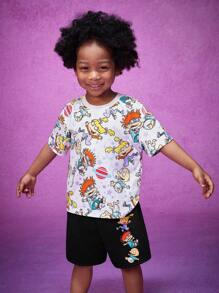 Nick 90s | SHEIN 少年可愛卡通印花套裝 - 黑與白 - 查看 3