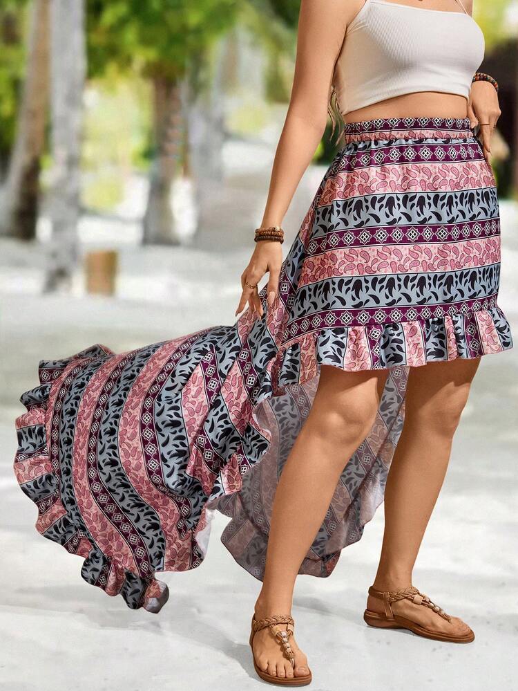 Plus Size Women's Paisley Printed High-Low Hem Skirt