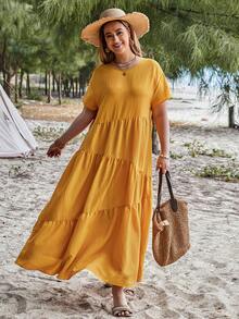 EMERY ROSE Vestido Amarillo De Verano Para Mujer Con Cuello Redondo, Manga Corta Y Dobladillo Con Volantes En Talla Grande - Mostaza Amarilla - Ver 6