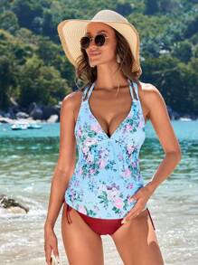 SHEIN Summer Maternity Flower Printed Halter Neck Top And Solid Triangle Bottoms Swimwear Set