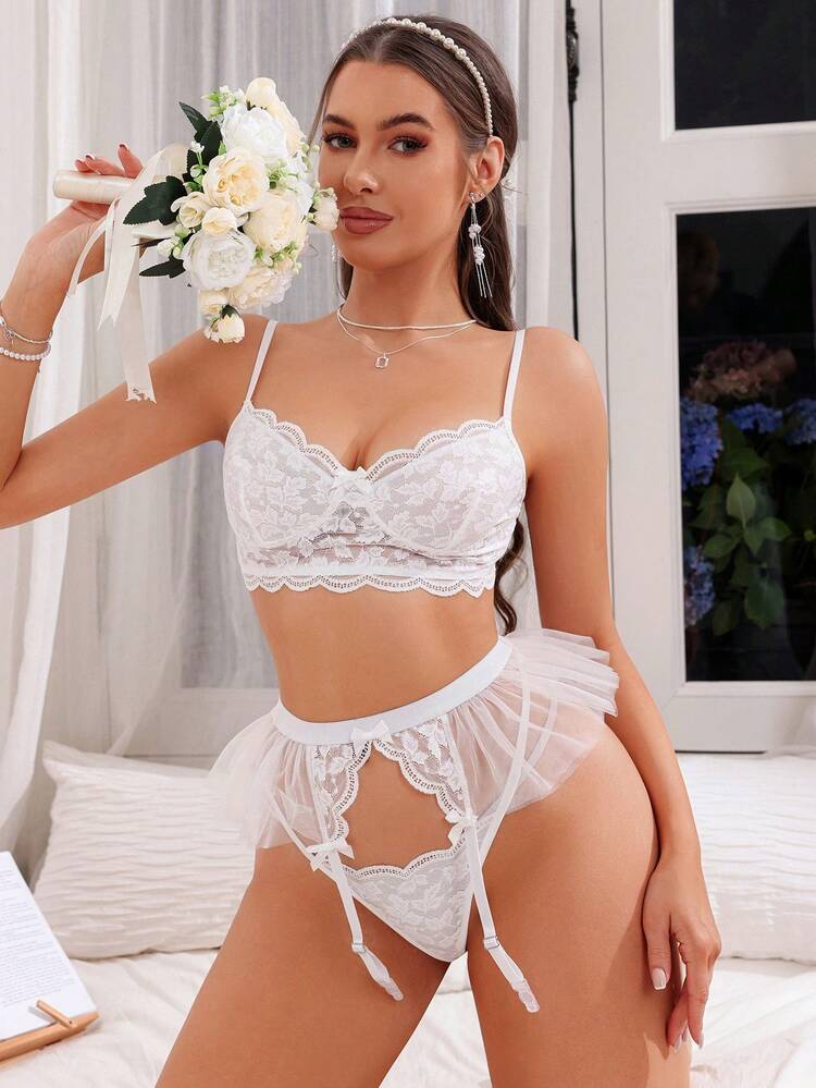 Women's Sexy Sheer Mesh & Lace Patchwork Lingerie 3pcs Set (Wedding Season)