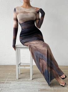 Rafferiza Tie-Dye Pleated Mesh Dress With Slim Fit Maxi Women Outfit Fall Cloth For Women - Light Grey - View 7