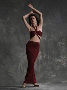Zolique Women's Sleeveless Halter Top And Bodycon Skirt Two Piece Set - Burgundy - View 4