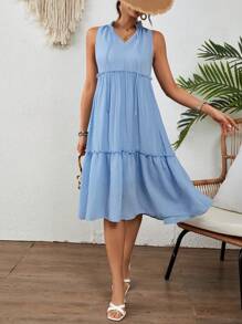 SHEIN VCAY Vestido Sólido Texturizado Con Cuello Alto Anudado Y Dobladillo Con Volantes - Azul - Ver 1
