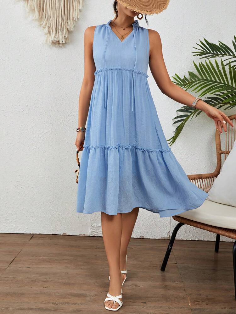Solid Color Textured Dress With Knotted High Neck And Ruffled Hem