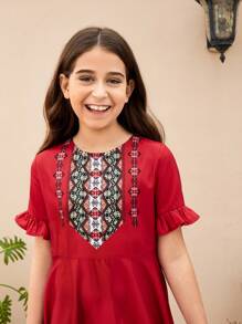 SHEIN Tween Girls' Cute Vacation Style Geometric Print Patchwork Round Neck Dress - Red - View 5