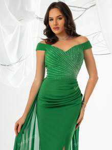 Women's Off Shoulder Rhinestone Embellished Long High-End Evening Dress With Elegant