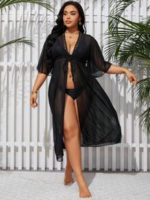 SHEIN Swim Curve 大码纯色透明和服连衣裙（配腰带） - 黑色 - 查看 6