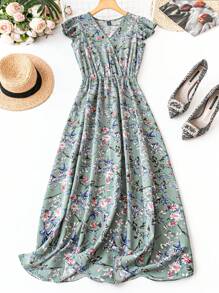 SHEIN Clasi 女士花卉印花盖袖迷你夏季长连衣裙 - 彩色 - 查看 6