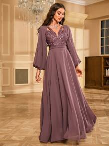 Women's Glitter Patchwork Lantern Sleeve Elegant Party Dress Wedding Guest Dress Formal Dress Evening Dress,Gown - 藕粉色 - 查看 7
