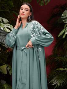 Al Najma Áo khoác dài tay thêu hoa dành cho nữ và váy không tay thắt lưng 2 món/bộ, bộ abaya dài kín đáo 2 món - Màu xanh Bạc hà - Xem 3