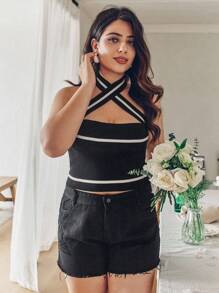 Franclia Top De Punto Acanalado De Talla Grande Con Diseño De Bloque De Color, Hueco En La Parte Superior Con Cuello Halter