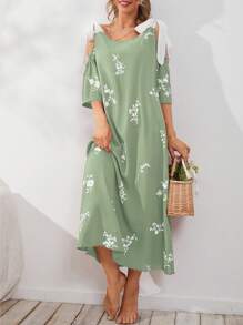 SHEIN Unity Floral Printed Open Shoulder Loose Nightgown Long Dress - Lime Green - View 4