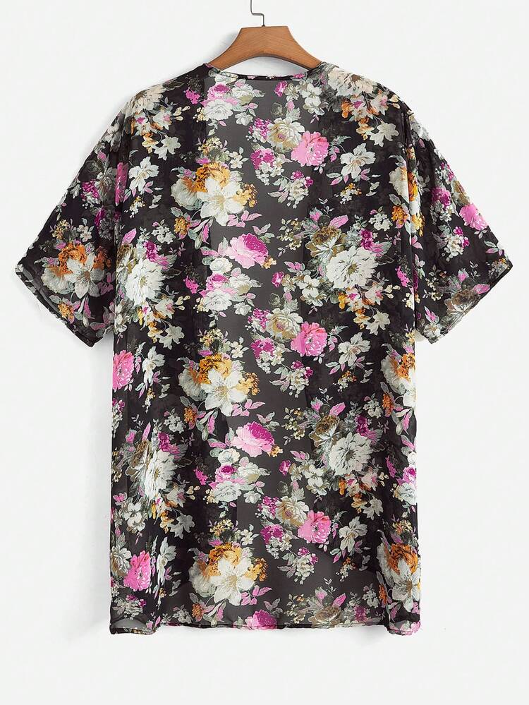 Plus Size Solid Color Shirt With Flower Print