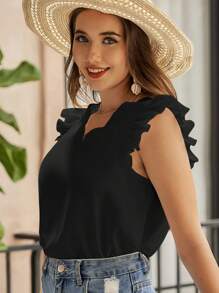 SHEIN VCAY 女士帽袖上衣,採用曲線v領設計 - 黑色 - 查看 4