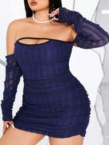 Allurite Plus Size Off Shoulder Ruched Bodycon Dress Fall Cloth For Women - Royal Blue - View 1