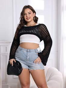 Flirla Hơn Đan Mở Thả vai Áo len Crop Không có áo Top Tube - màu đen - Xem 9