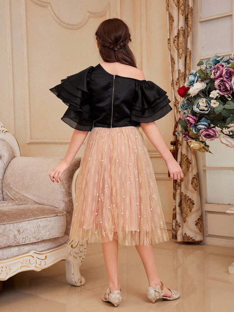 2pcs/Set Tween Girls' Cute Asymmetrical Layered Organza Ruffle Hem Top & Beaded Mesh Skirt