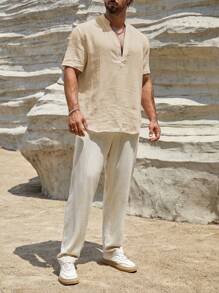 HIMLAND Men's Textured Casual Shirt With Notched Collar, Old Money, Couple Things - Apricot - View 7