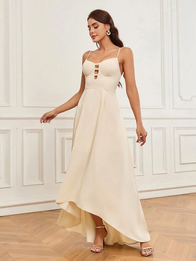 Solid Color Hollow Out Asymmetric Hem Bridesmaid Dress With Spaghetti Straps (Adult)