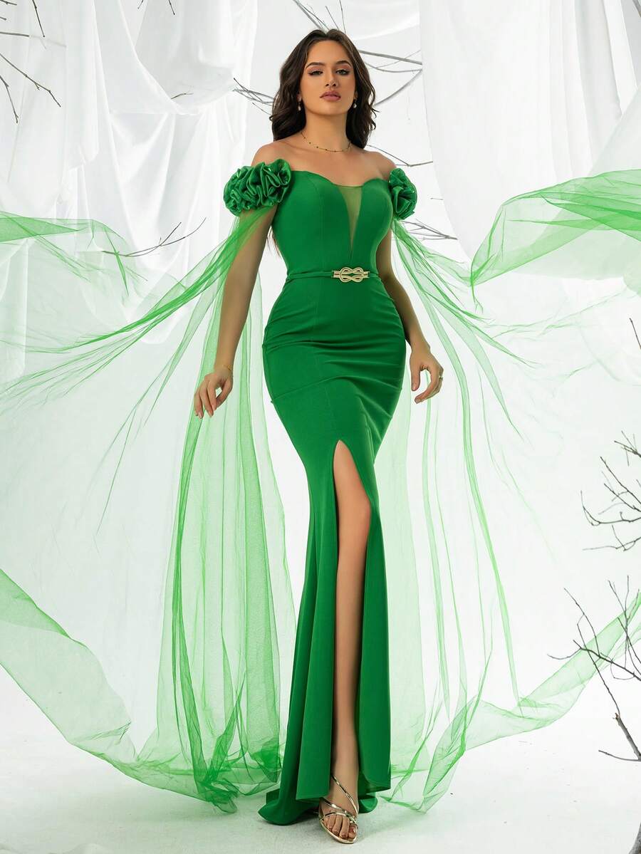 Fashionable And Vintage Style Gathered Waist, Fish-Tail, Slit, And Mesh Spliced Evening Dress - Green - View 1