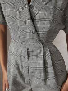 Hauture Plaid Lapel Wrap Button Hem Jumpsuit - Grey - View 8