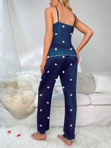 Conjunto De Pijama Con Top De Tirantes Con Diseño De Corazones Y Pantalones Largos Con Encaje