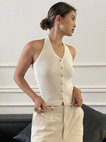 Livesso 纯色修身吊带针织上衣 夏季 - 白色 - 查看 2