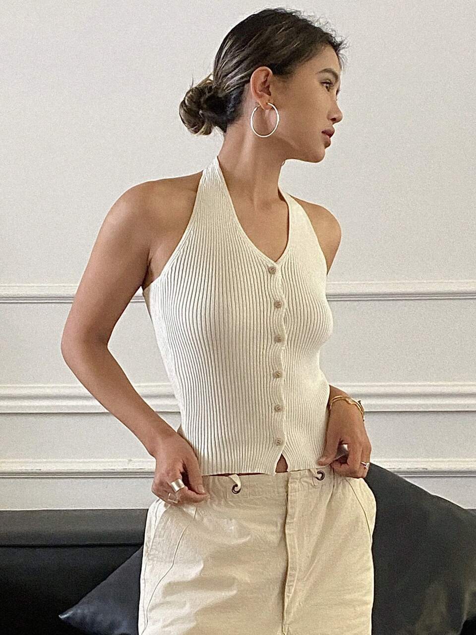Solid Color Slim Fit Halter Knitted Top Summer