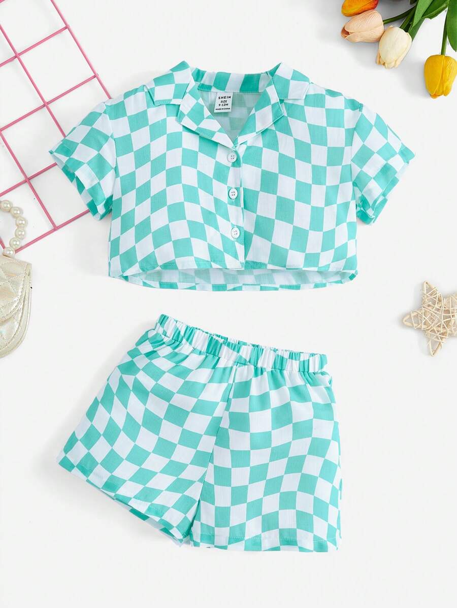 SHEIN Baby Girl Casual Plaid Short Sleeve Shirt With Elastic Waist Shorts Set For Streetwear