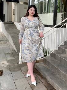 Dazy Plus Plus-size jurk met allover print en tailleband, ruches
