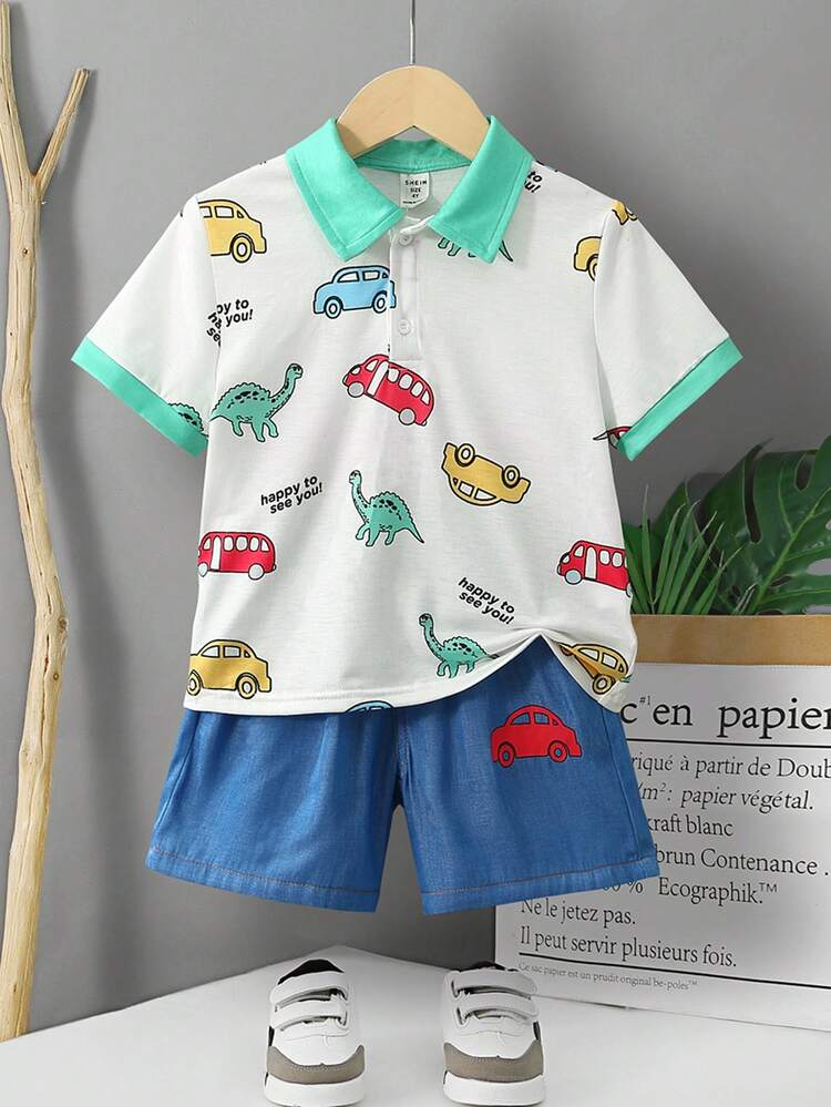 Young Boy 2pcs/Set Casual Sports Streetwear T-Shirt With Turn-Down Collar & Dinosaur/Car Print And Shorts, Suitable For Daily, School, Travel, Sports Activities In Spring And Summer