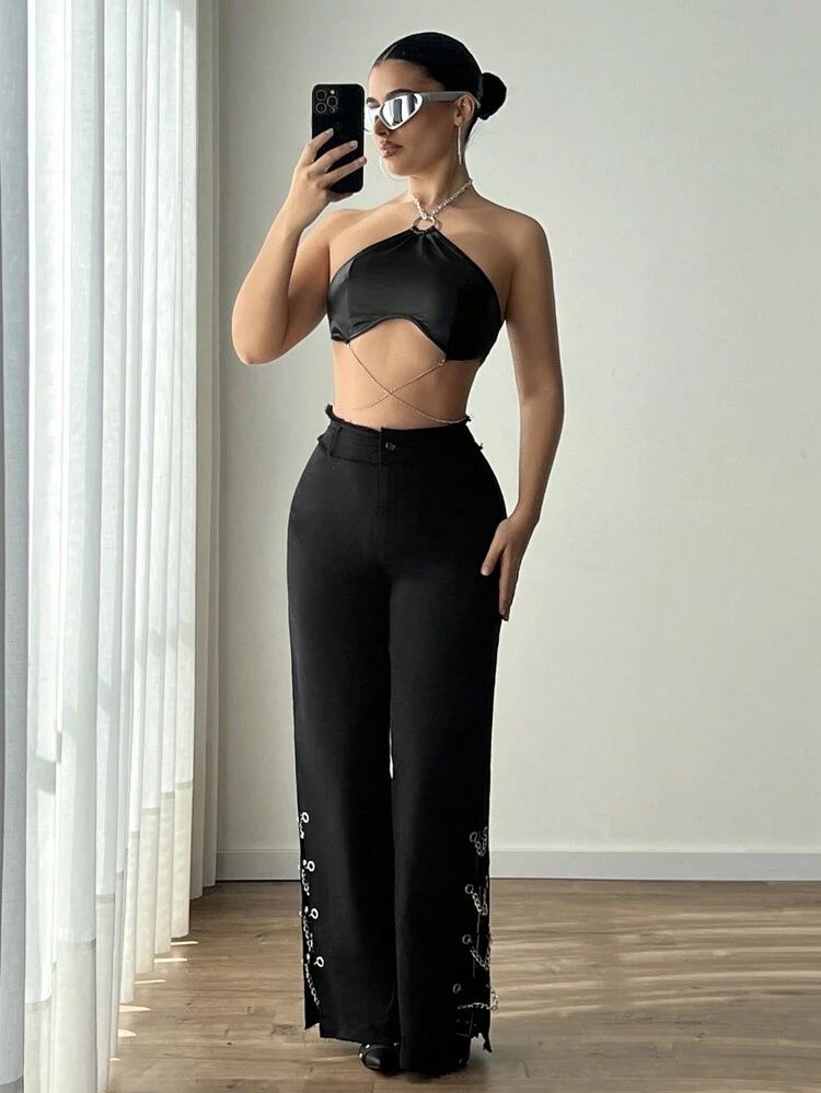 Women's Chain Decorated Slit Flared Pants With Lace-Up Detail
