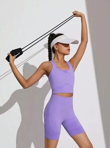 SHEIN 少女无缝针织提花背心和短裤运动两件套 - 彩色 - 查看 6