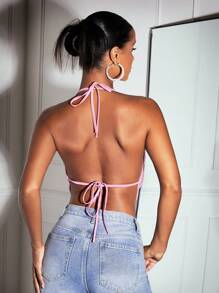 SHEIN BAE 純色粉紅色斜襯頸性感露背精緻鑽石細節背心短款女式領口露背吊帶上衣 - 銀色 - 查看 3