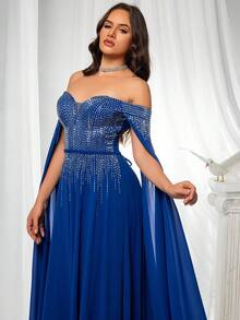 Elegant Off Shoulder Sequined Evening Party Dress - Royal Blue - View 3